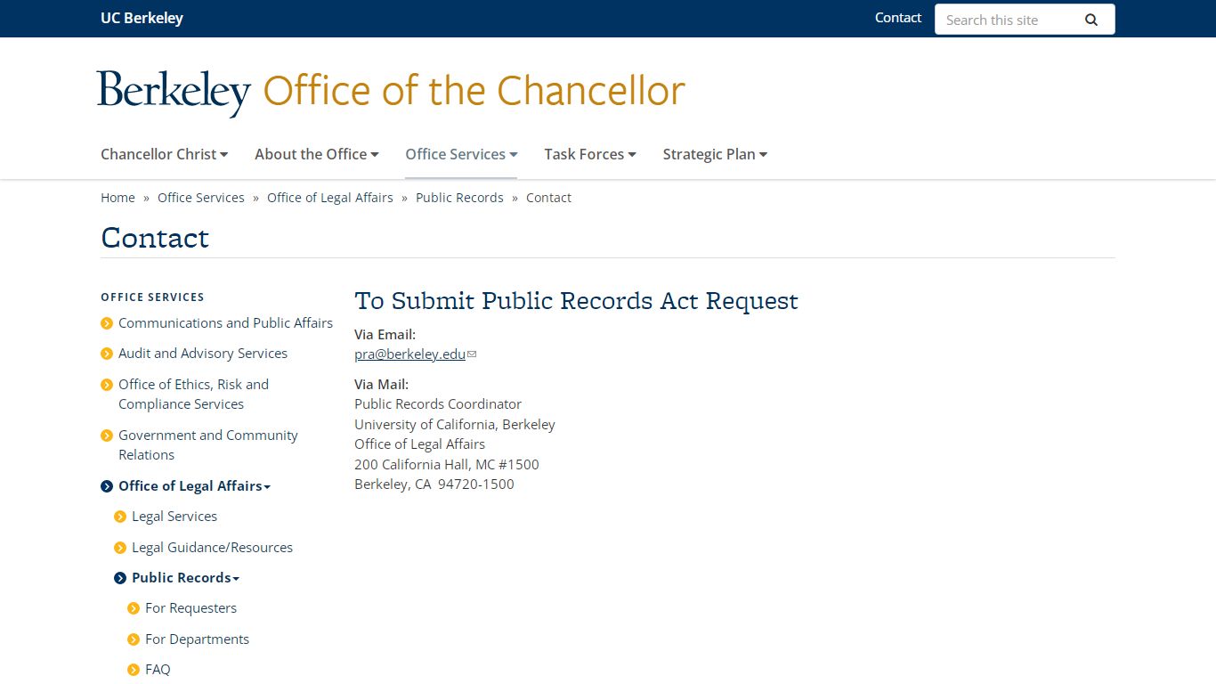 Contact | Office of the Chancellor - University of California, Berkeley